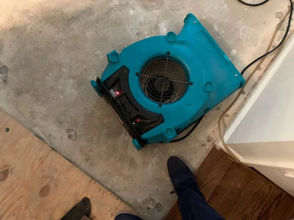 Air mover drying subfloor during Leak Detection & Repair in Michigan City